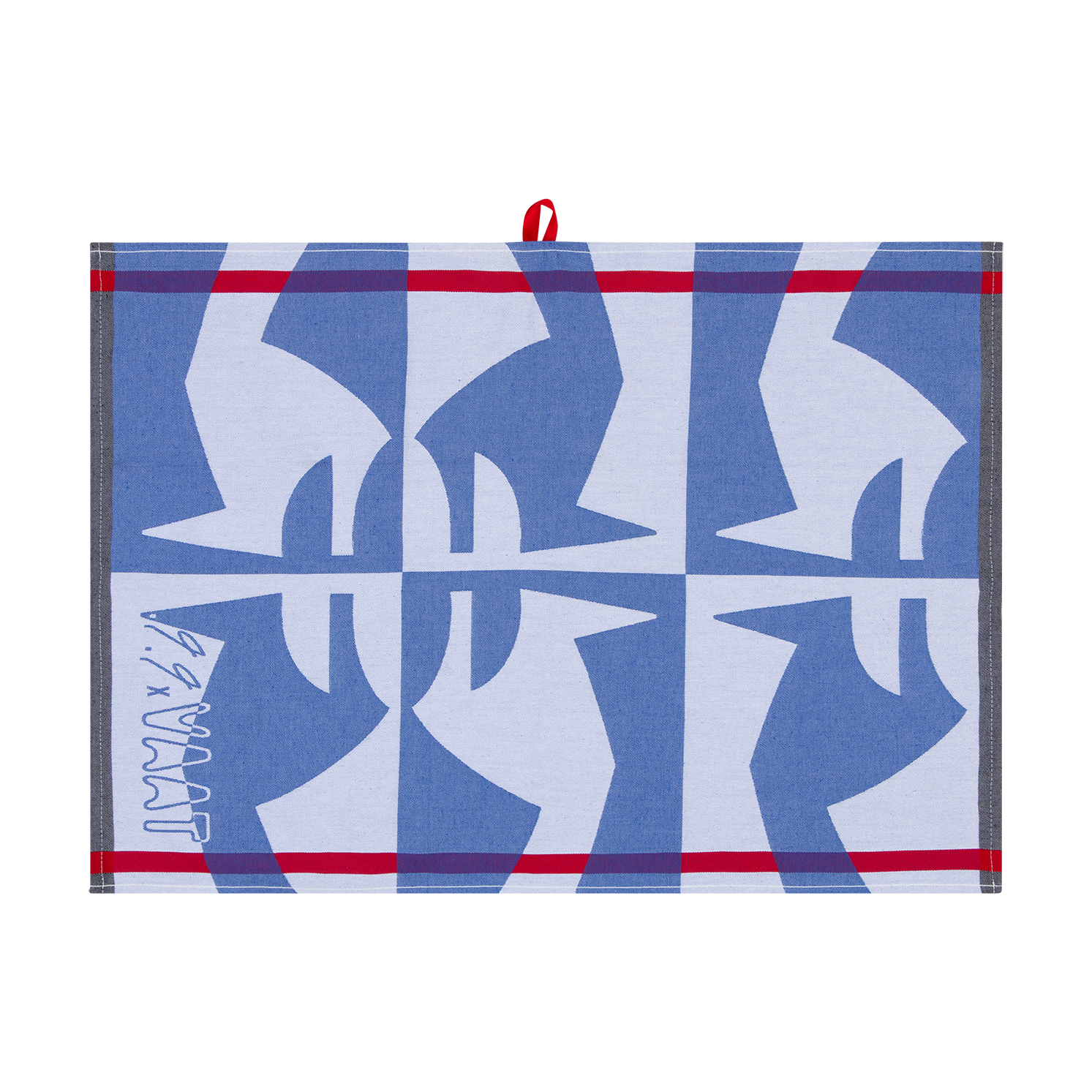 Blue and white patterned towel with abstract bird shapes, red trim, and a loop.