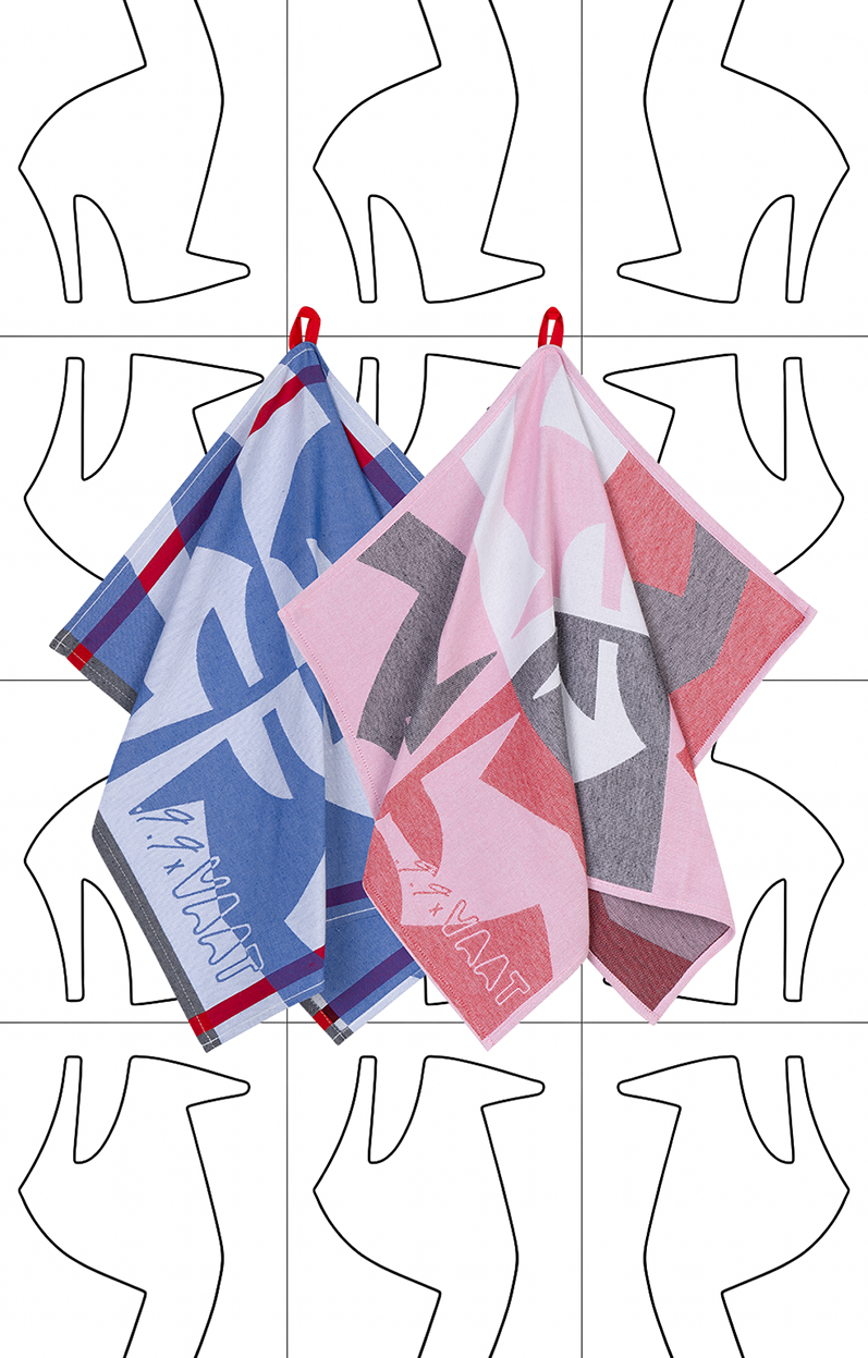 Two patterned hand towels hanging with a background pattern of outlined shapes. One blue, one pink.