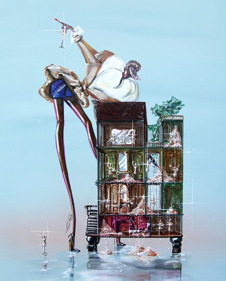 Surreal painting: woman atop tall, stylized heeled building; bright blue background; sparkly highlights.