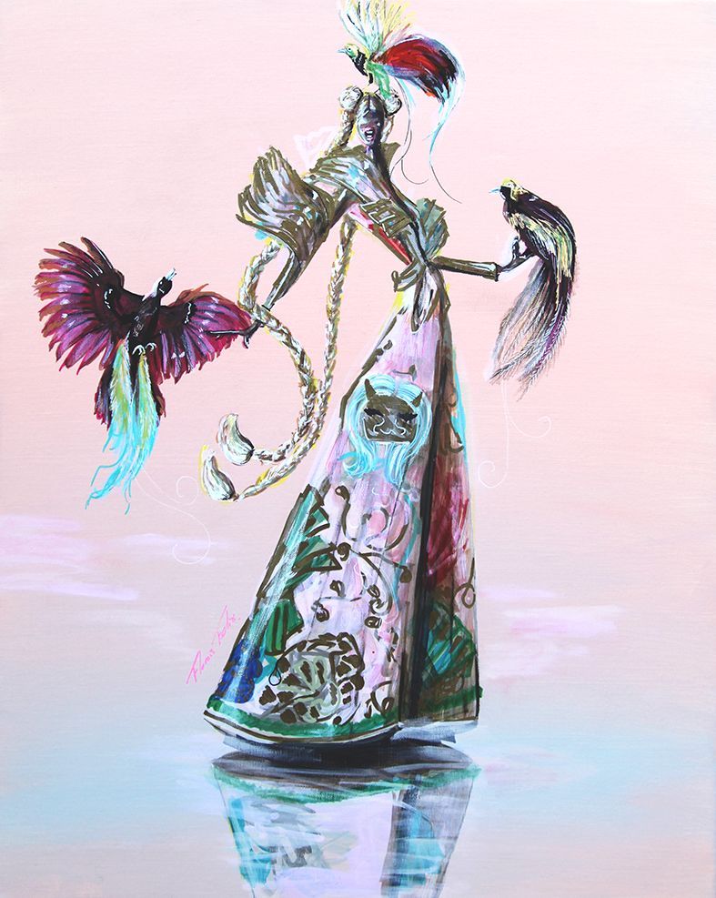 Woman in ornate gown with two colorful birds. Light pink backdrop, reflection on water.