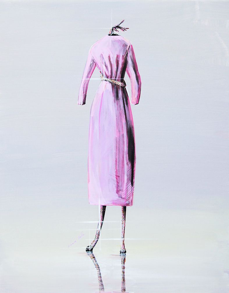 Pink dress suspended, with long, thin legs and shoes; bright background.