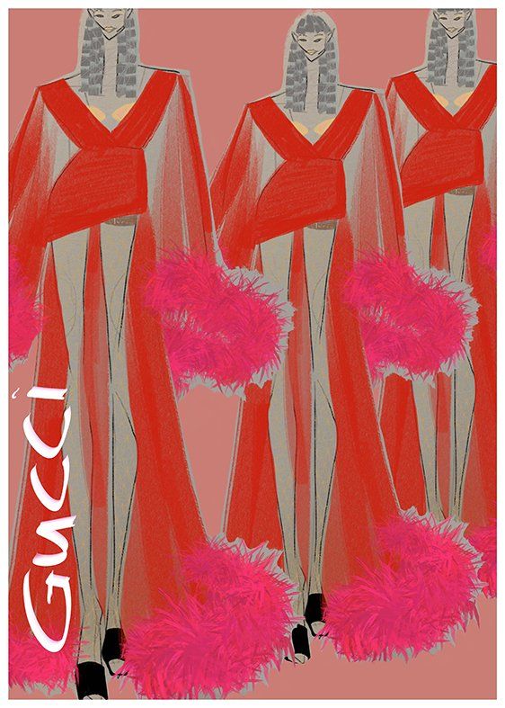 Four figures in red dresses, each with pink feathered trim, Gucci logo.