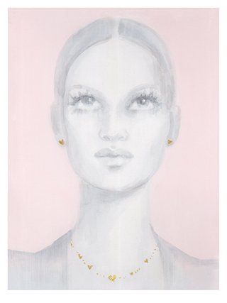 Woman wearing gold jewelry, looking upwards, on a pink background.
