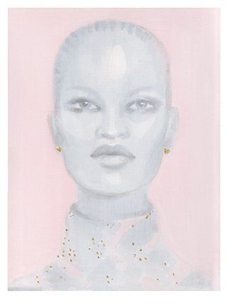 Pale portrait with gold jewelry, against a pink background.