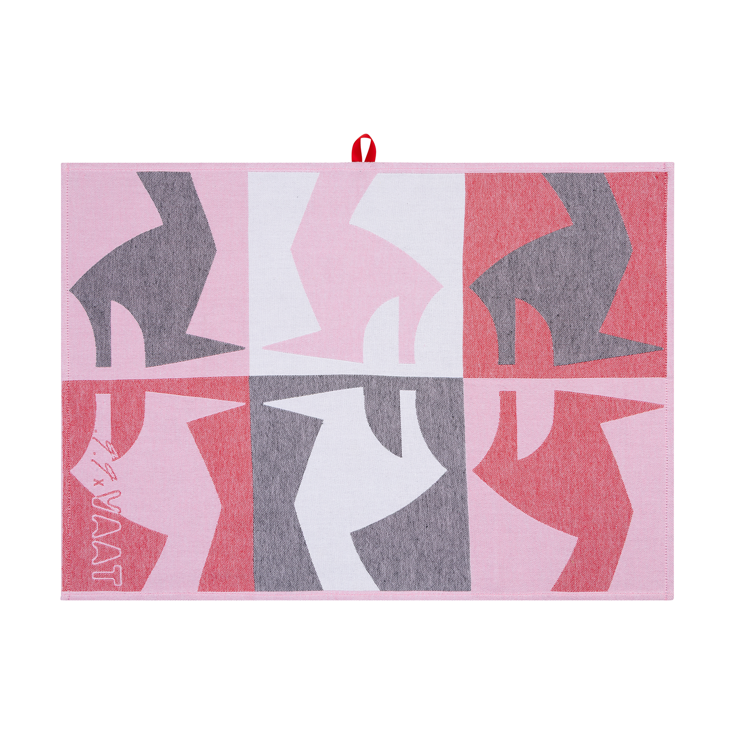 Kitchen towel with geometric shapes of legs in pink, red, gray, and white.