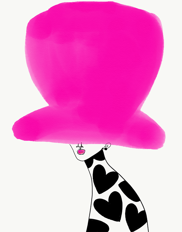 Woman in black and white heart-patterned dress, large pink hat.