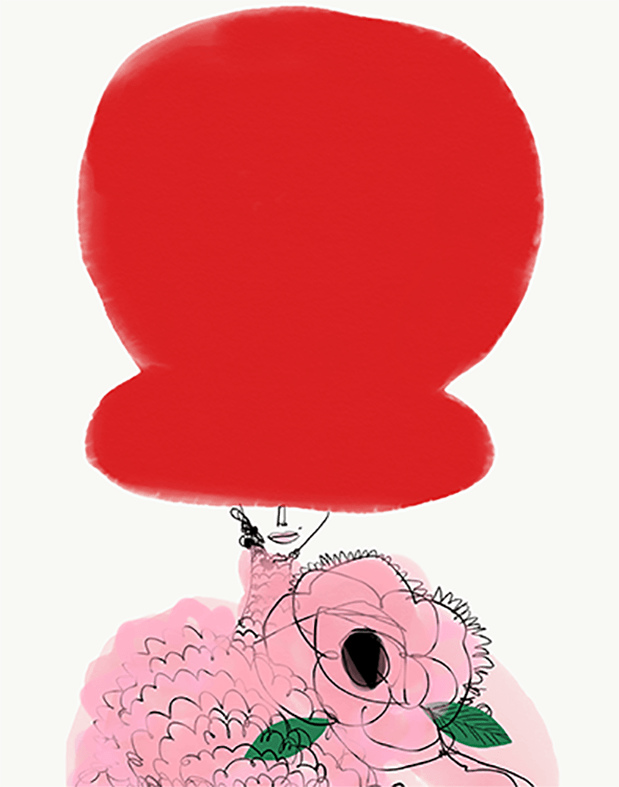 Figure with a large red head, holding a pink floral arrangement.