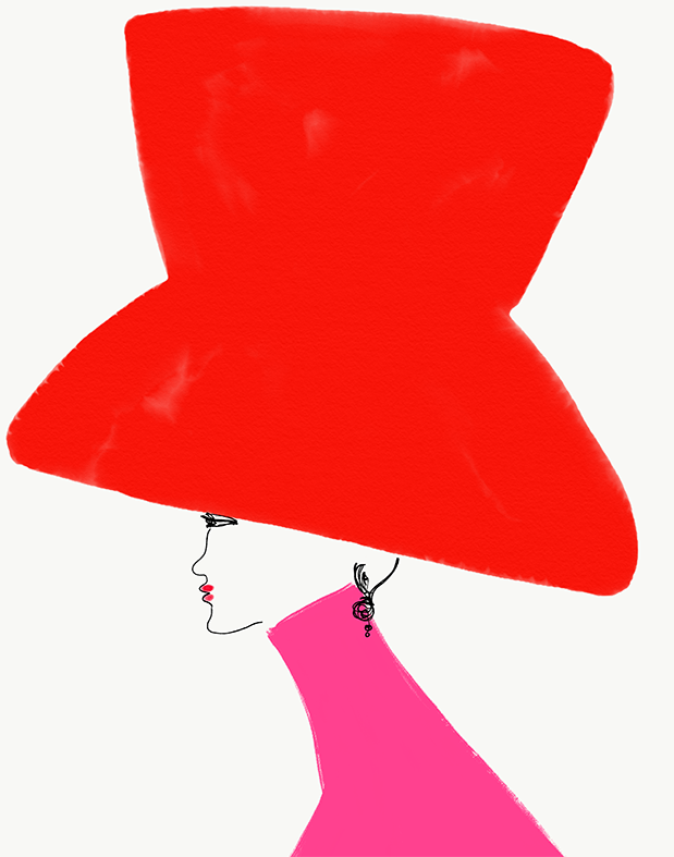 Woman in profile wearing a large red hat, pink top, and dangling earrings.