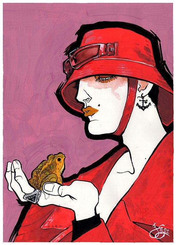 Person in red holding a toad. Person wears a red hat and coat, and has an anchor earring. Pink background.