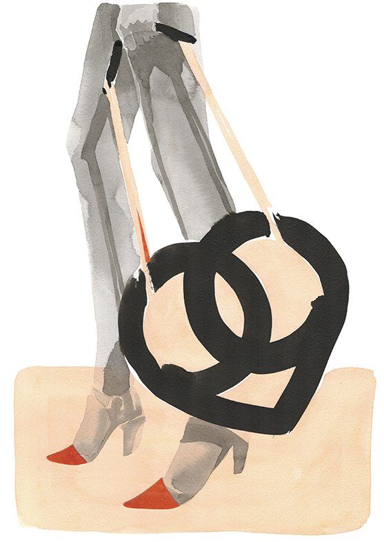 Woman's legs walking; carries a black heart-shaped purse with cream strap and red-tipped heels.