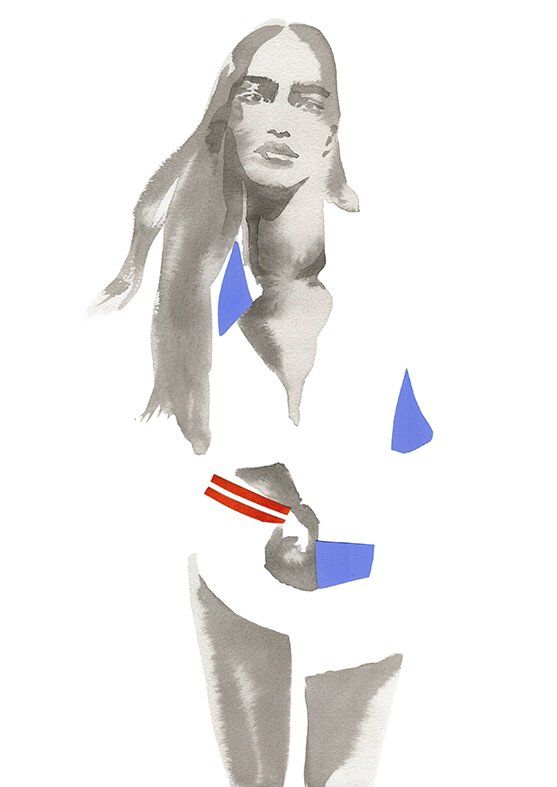 Woman in watercolor style, wearing blue bikini top, with red and white detail on waistband.