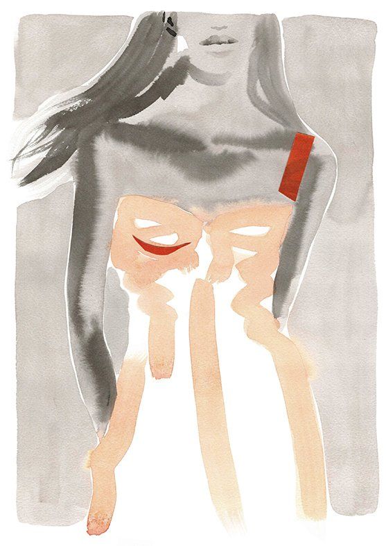 Watercolor sketch of a woman in a peach and white dress, with a red shoulder strap.