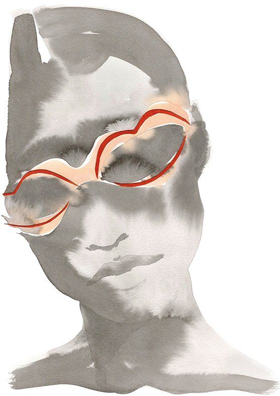 Watercolor illustration of a face, eyes outlined in red, wearing cream-colored goggles.