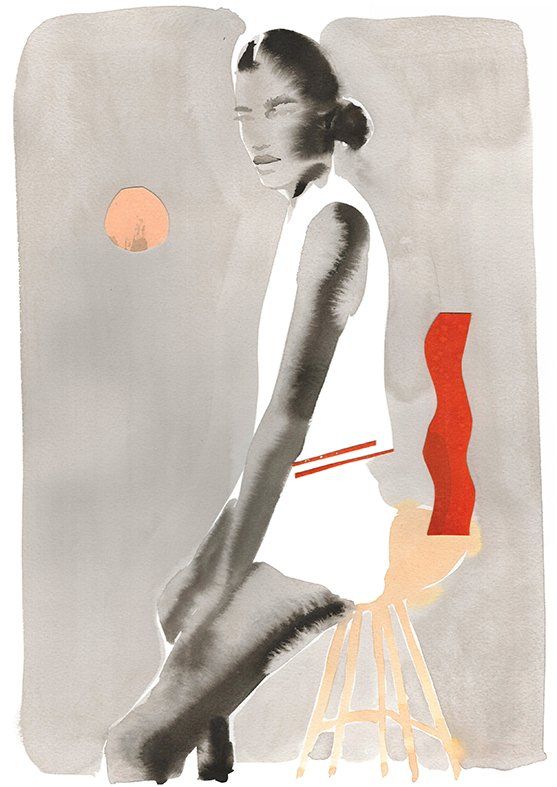Woman seated on stool, wearing white outfit with red trim, facing left. Gray background, abstract shapes.