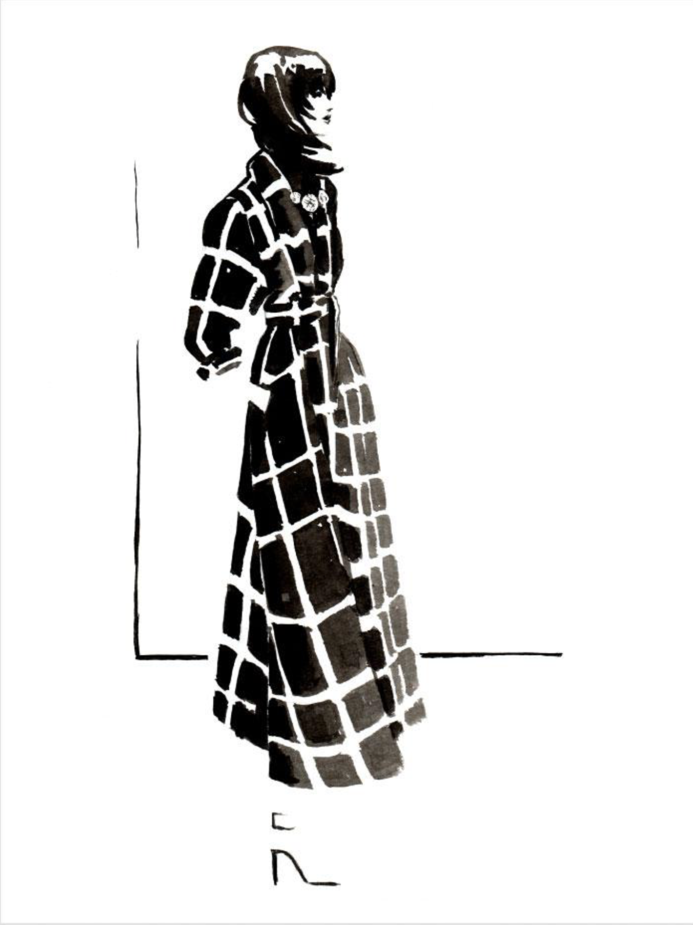 Person in long, plaid coat, hands behind back, standing next to a white wall.