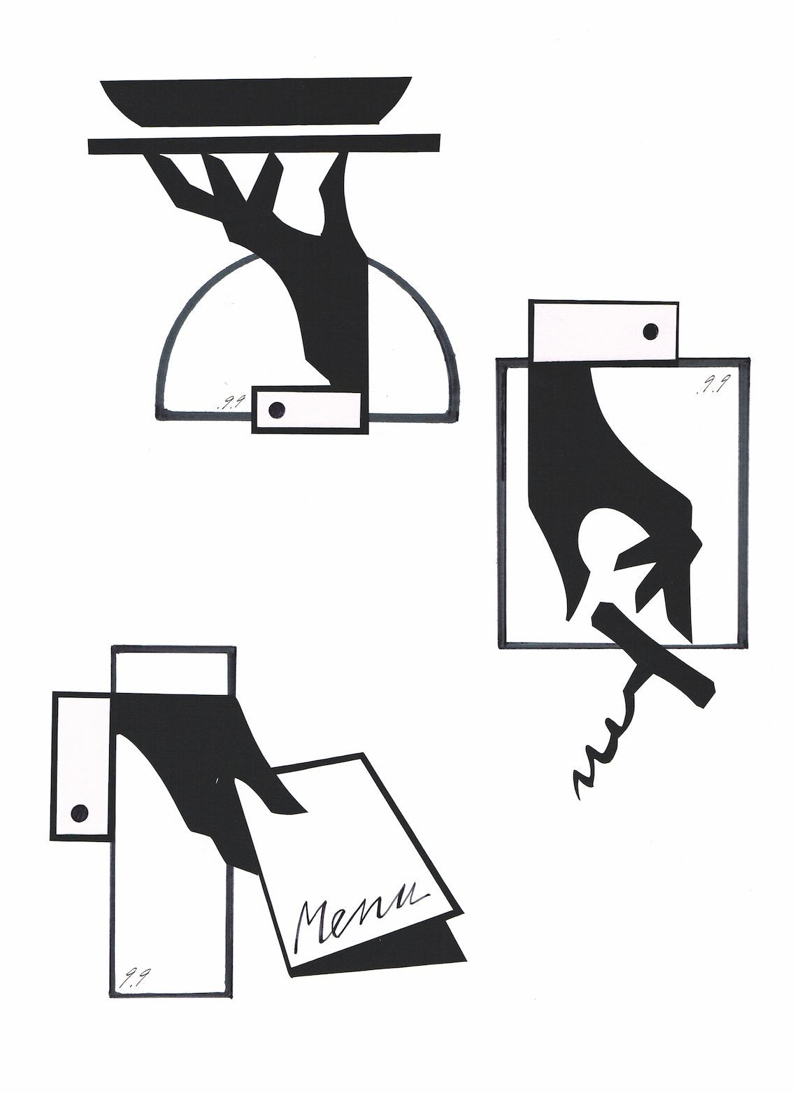 Three stylized silhouettes of hands: serving a tray, opening a bottle, holding a menu.