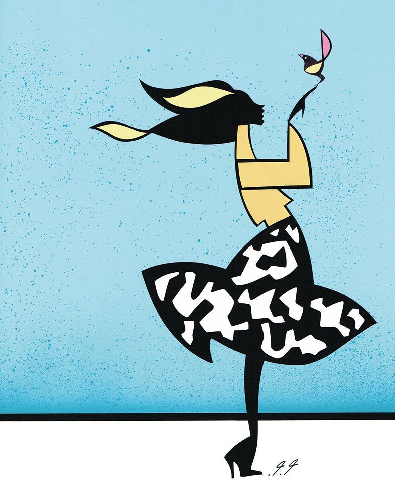Woman reaching up to a butterfly; windy day, black and white skirt, blue background.