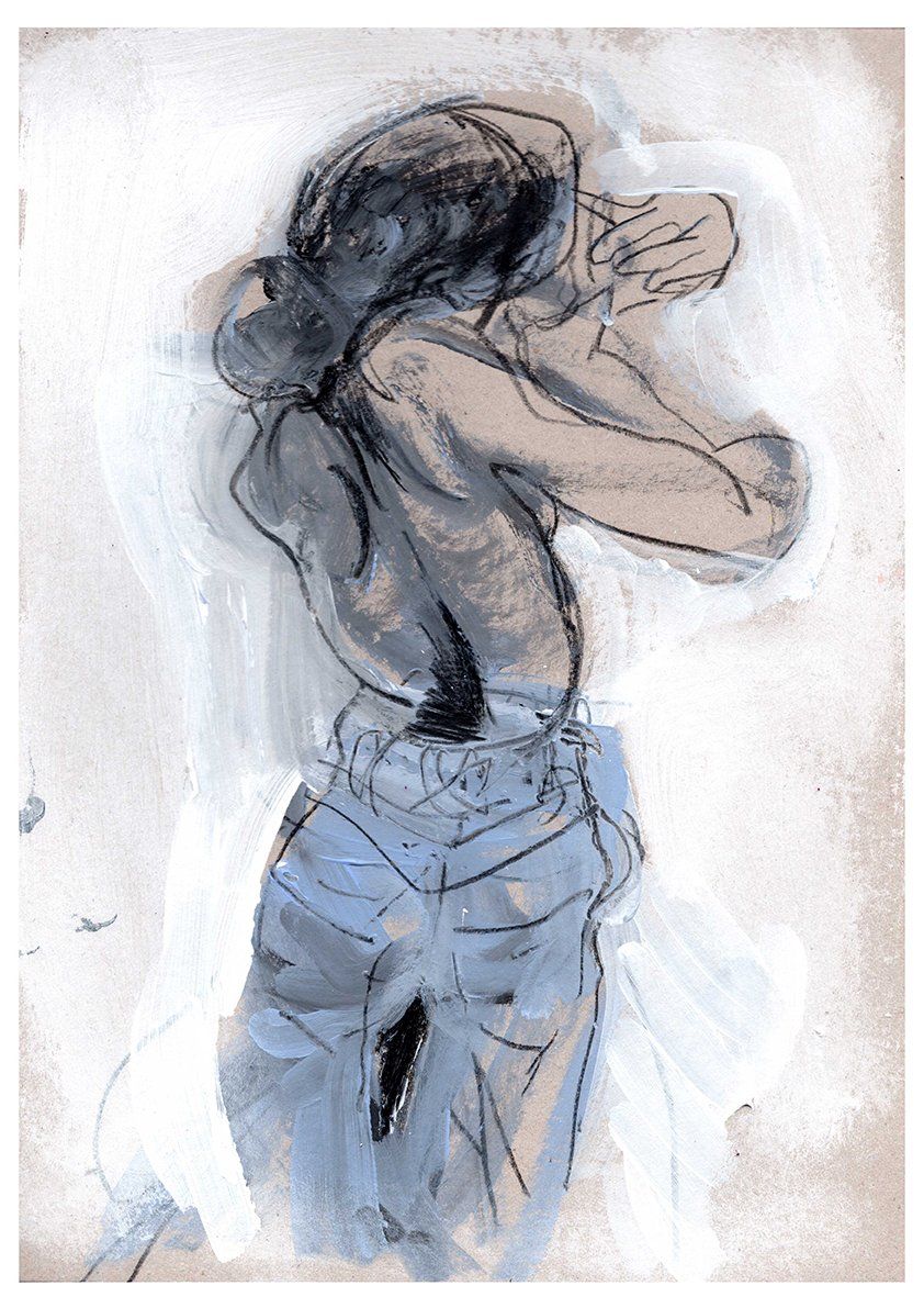 Figure in blue jeans, arms raised over head. Charcoal and white paint sketch.