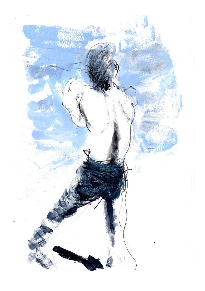 Figure in dark pants, bare back, looking away. Blue background.