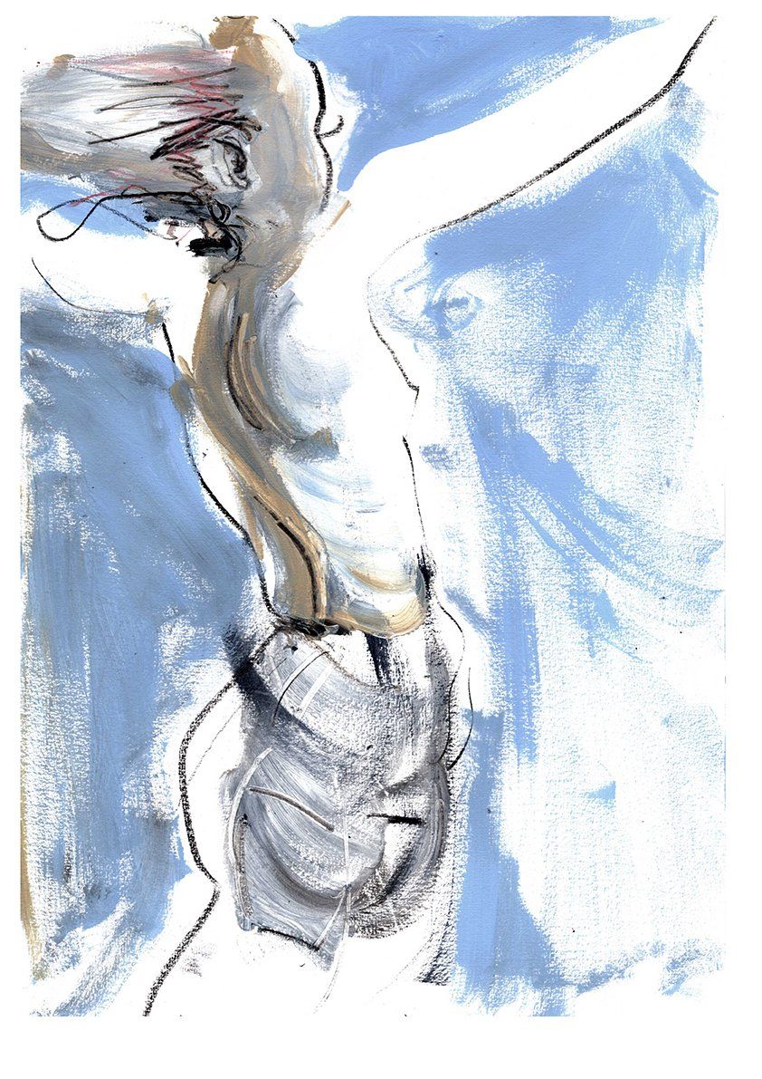 Abstract ink sketch of a person with arms outstretched. Light blue background, muted tones.