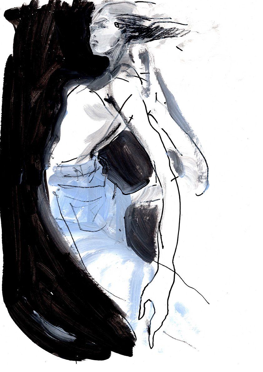 Woman in profile, wearing black top and light blue bottoms, with black shadow on the left.