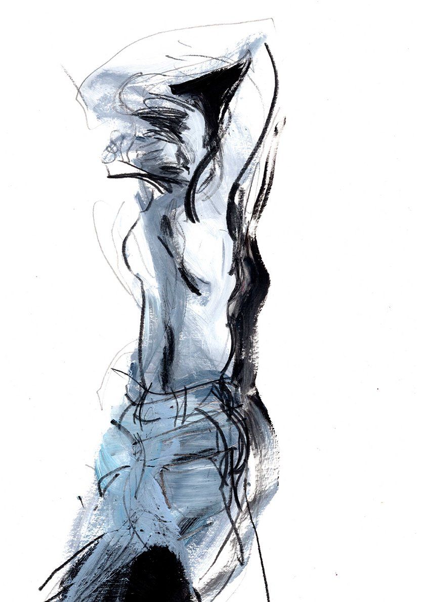 Figure in jeans, stylized sketch in black and white with blue accents. Arms raised above head.