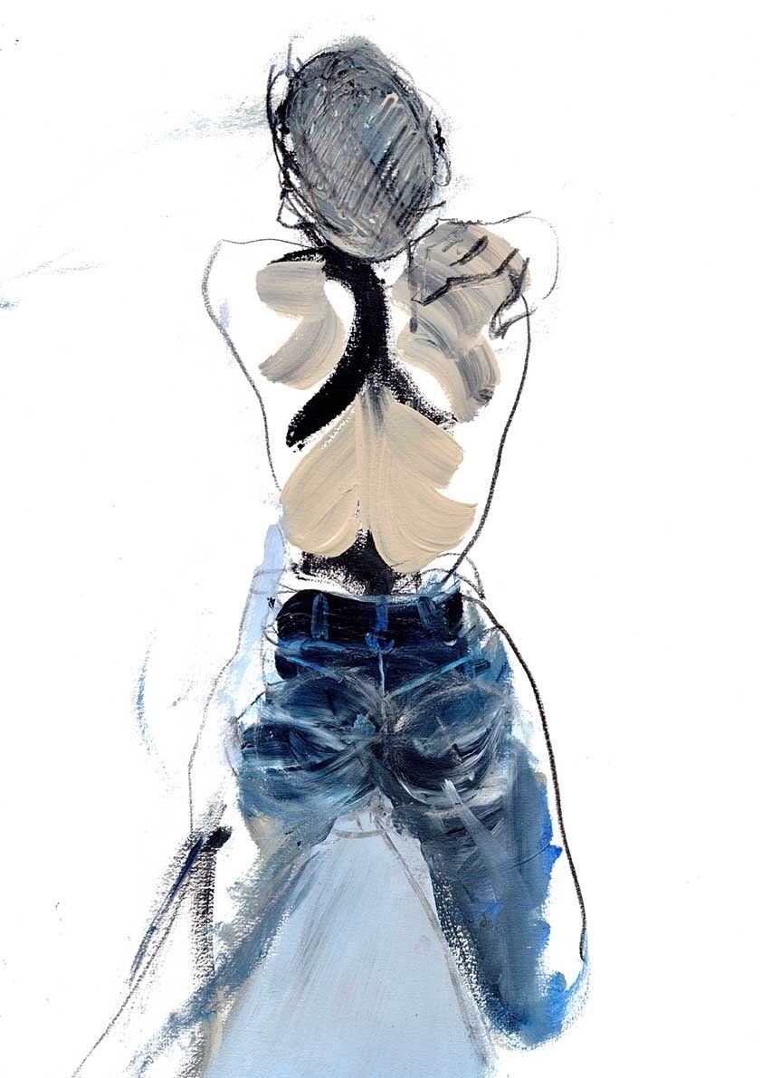 Figure in jeans and top, seen from the back, with charcoal and paint details in shades of blue, white, and beige.
