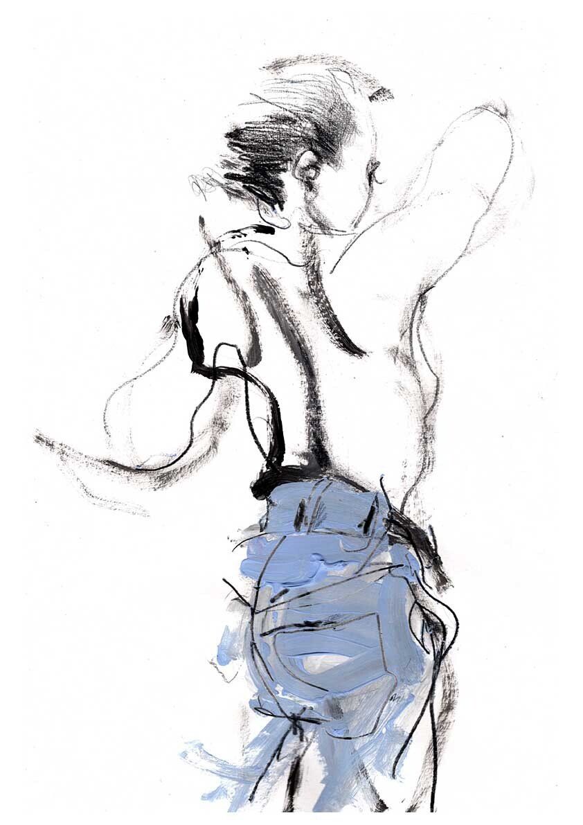 Figure drawing in black and light blue, arms raised.