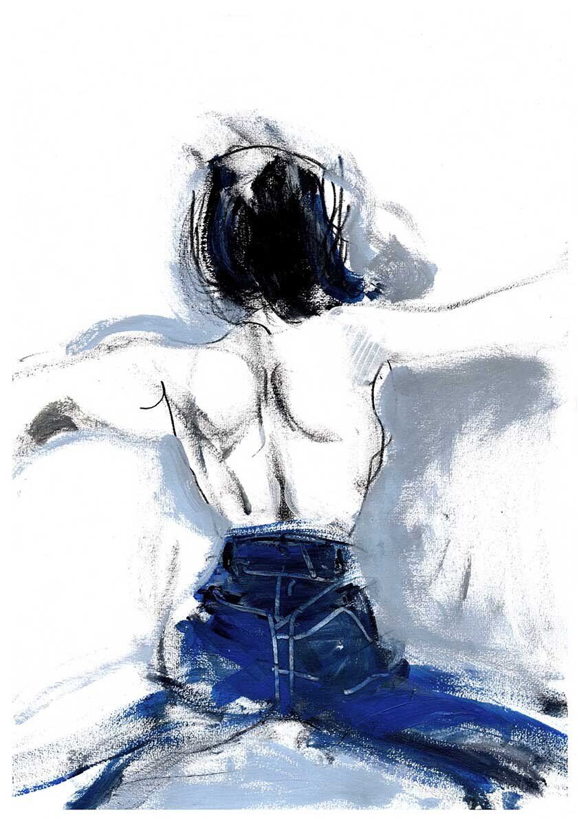 Back view of a person with short dark hair, wearing blue jeans, arms outstretched. Black and blue art on white.
