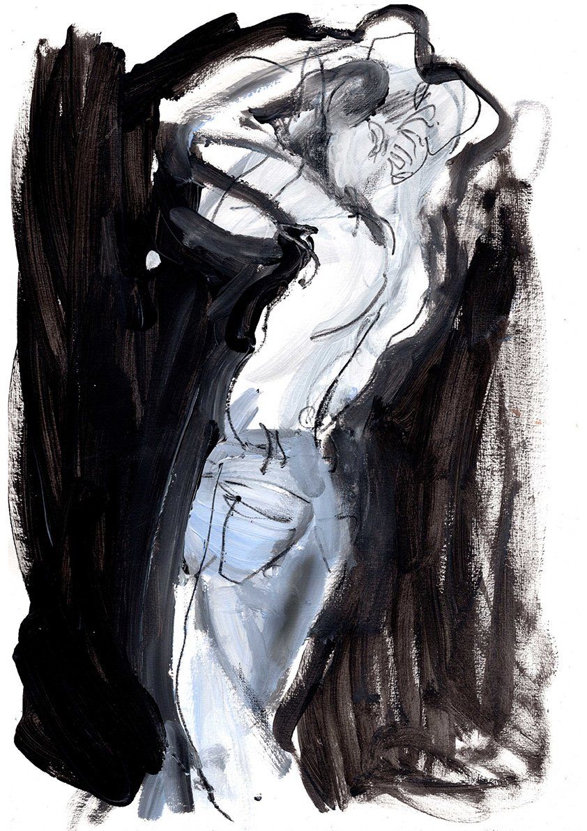 Abstract ink drawing of a figure with arms above head, against dark background.
