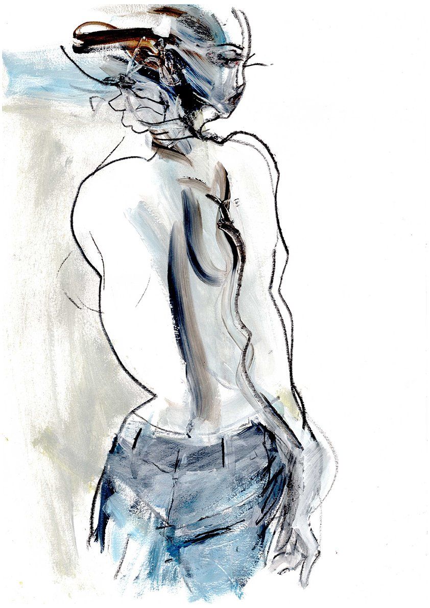 Woman in jeans, back to viewer. Blue and white ink sketch, loose lines.