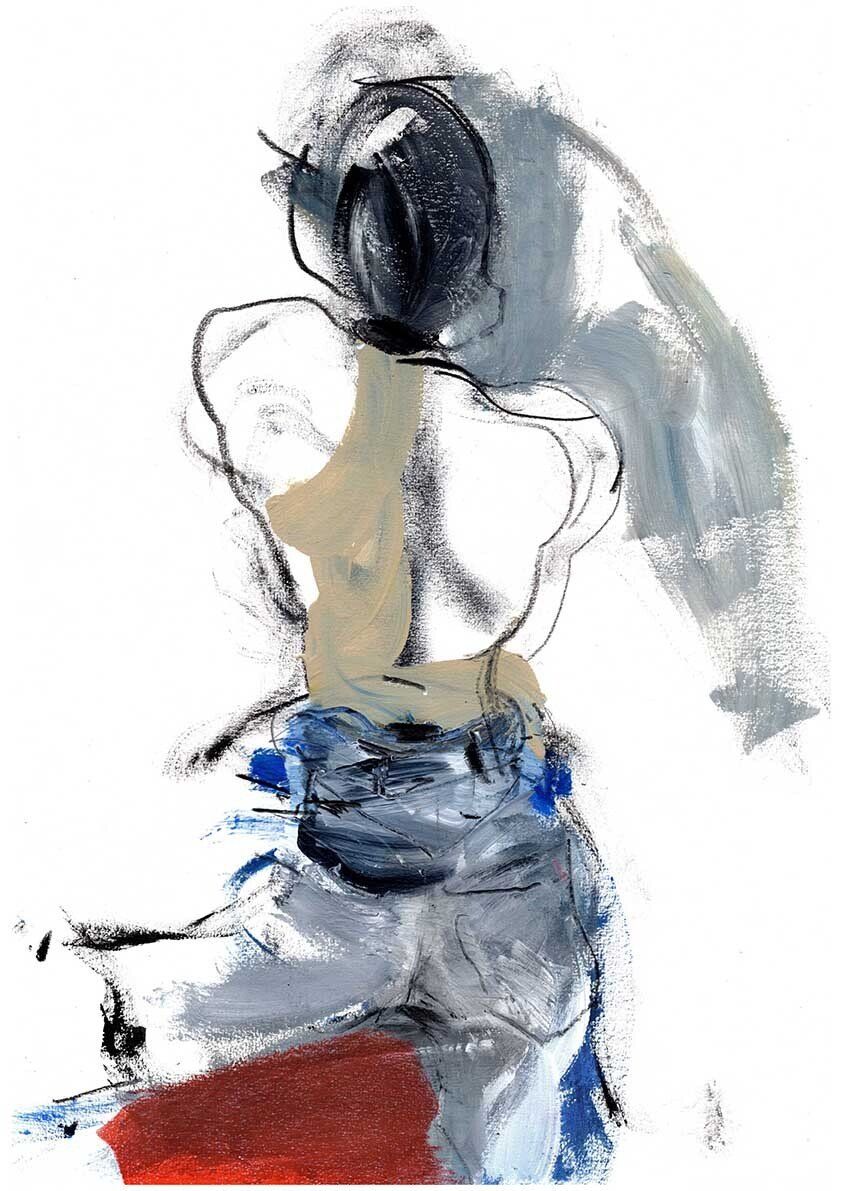 Abstract back view of a person with a dark head, beige torso, and blue and gray lower body; white background.