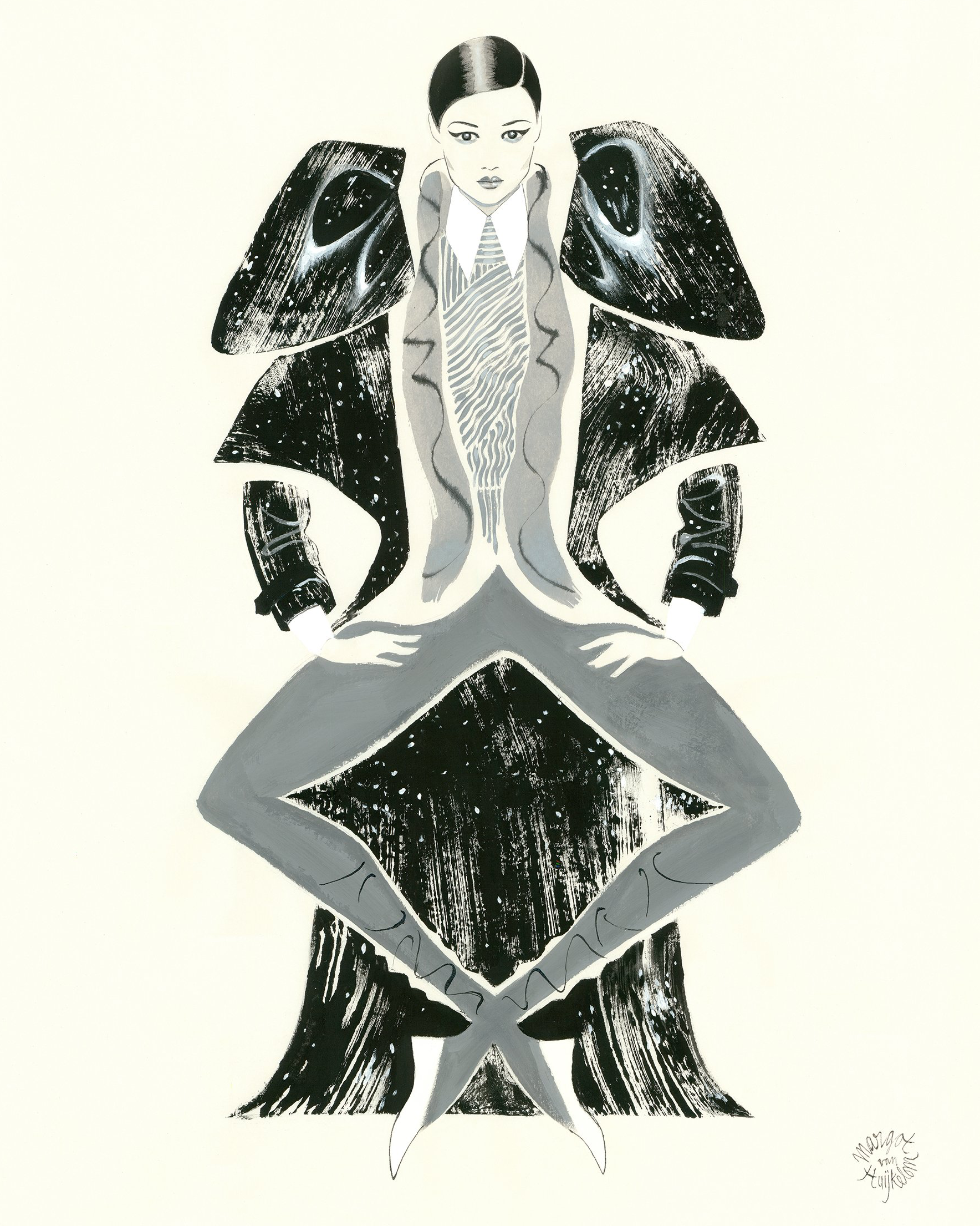 Illustration of a person in a gray suit and dramatic black cape, legs crossed.