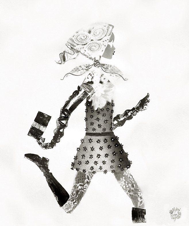Woman in dress with stars, running. Holds bag. Black and white illustration.