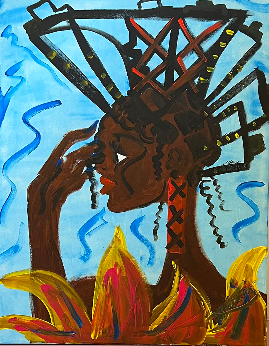 Woman with intricate headdress and colorful dress against a blue background, in profile.