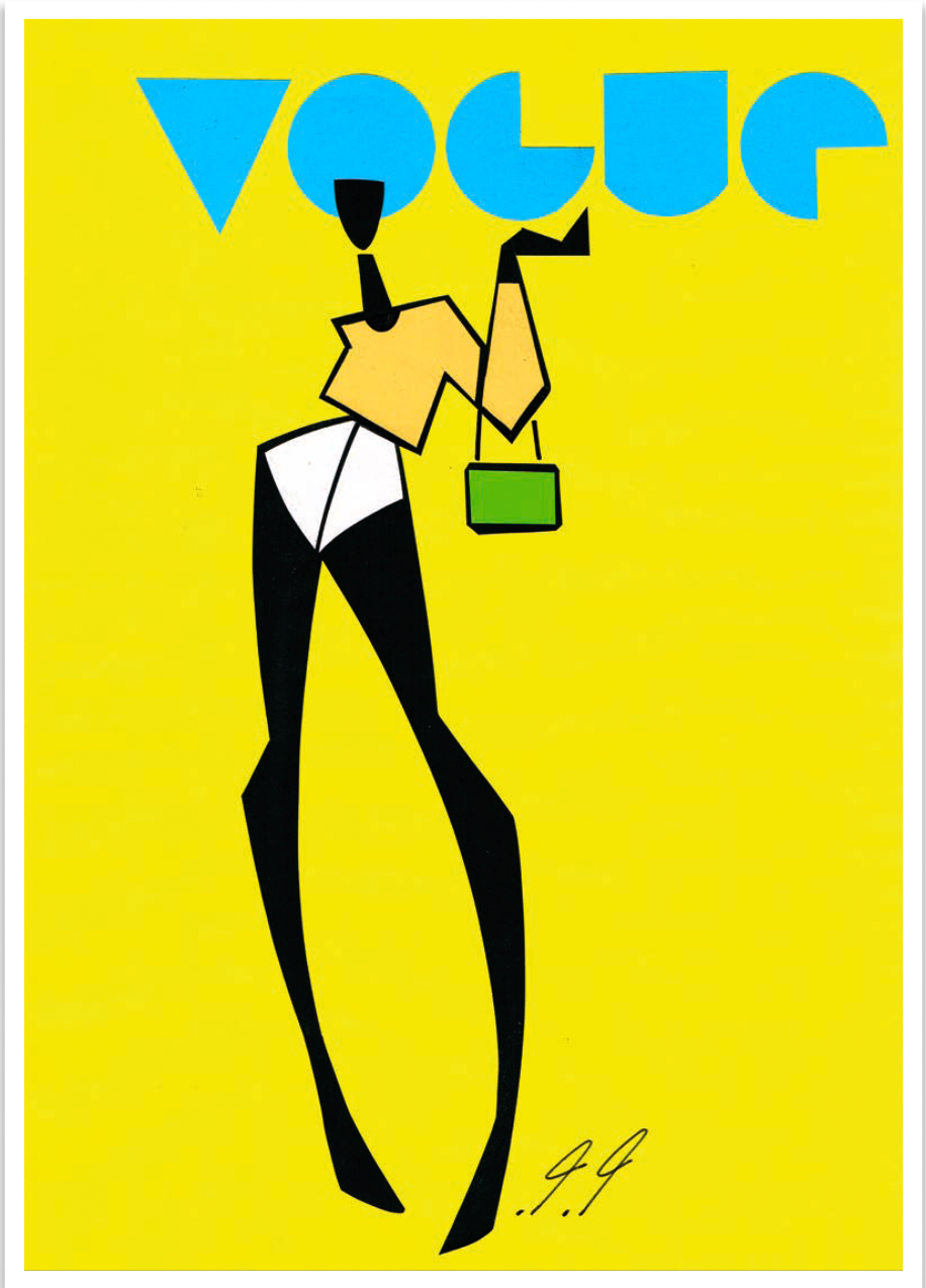 Vogue magazine cover with a stylized figure in black and white against a yellow background.