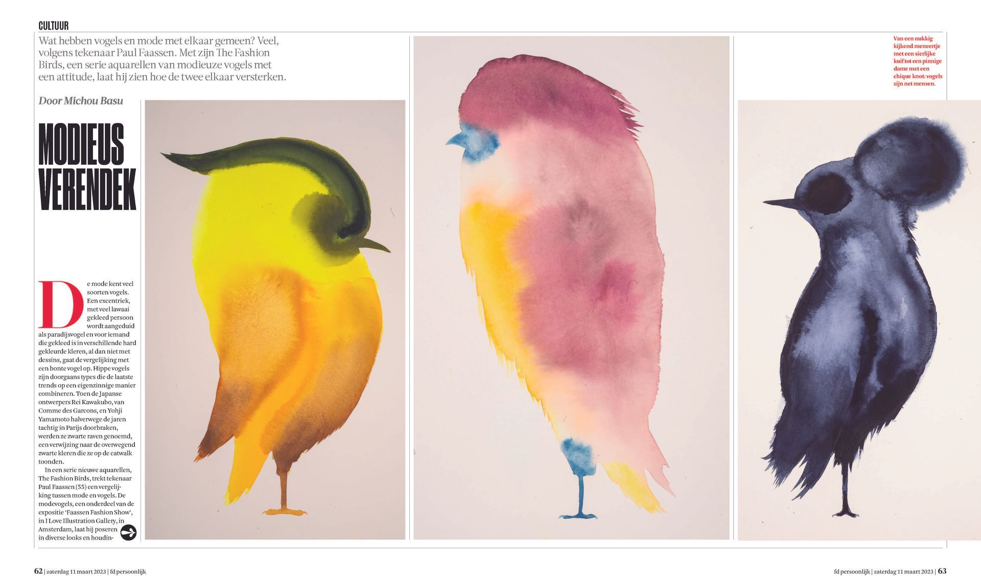 Three watercolor birds; yellow, pink, and dark blue with unique shapes and poses on a white background. Paul Faassen ILI Gallery