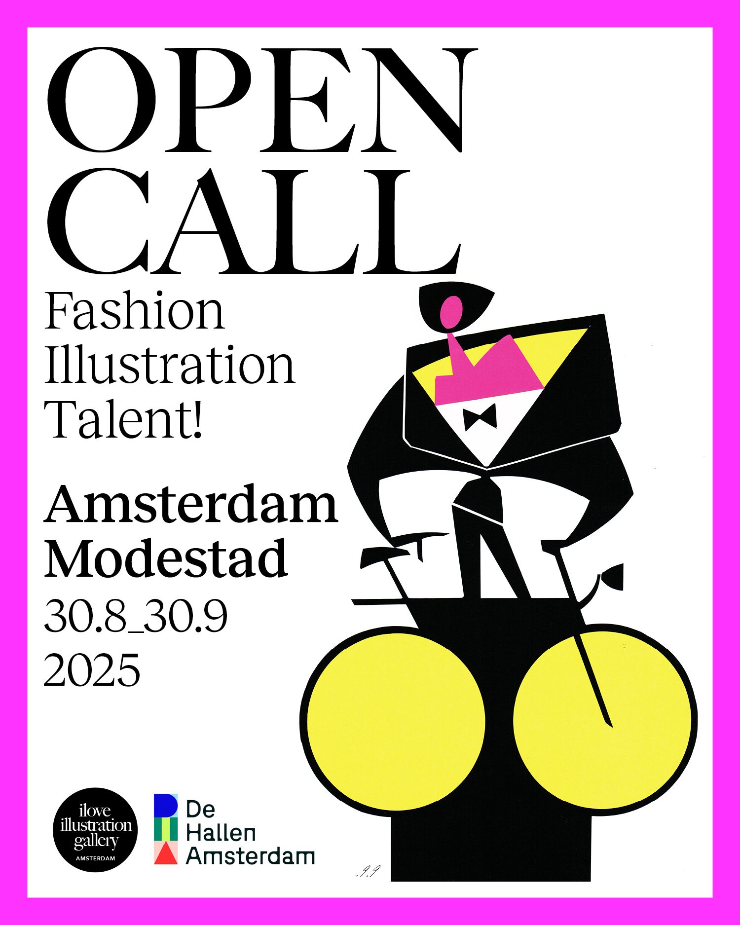 Open call for fashion illustration talent in Amsterdam. Illustration of a figure in a tuxedo riding a bicycle.