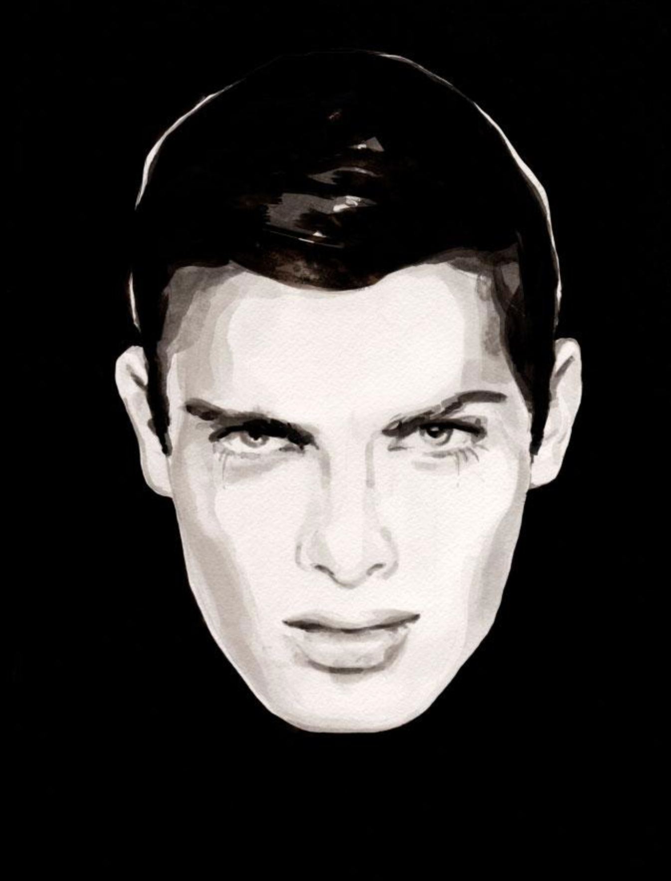 Man's face with stern expression, dark hair, against a black background.