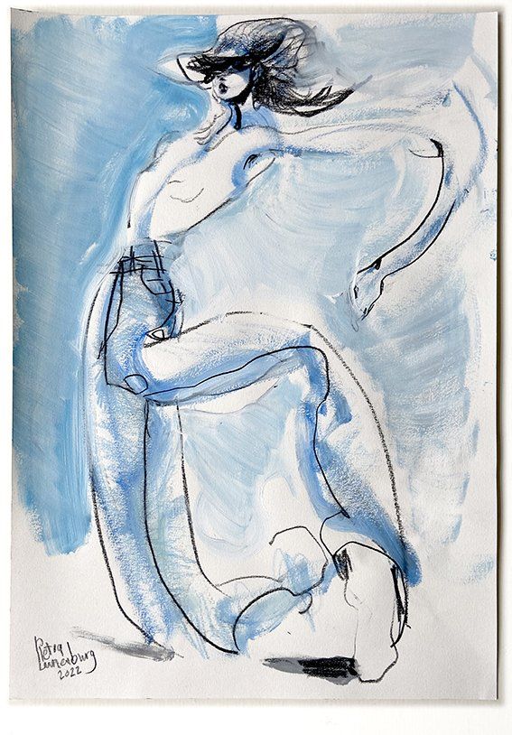 Dancing figure in a wide skirt, blue and white watercolor. A hat obscures the face.