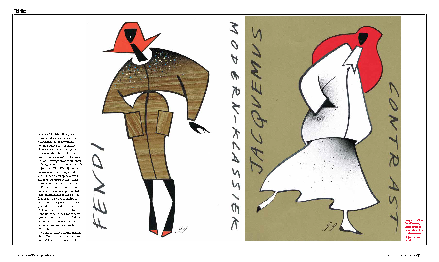 Fashion illustrations of figures in clothing, with