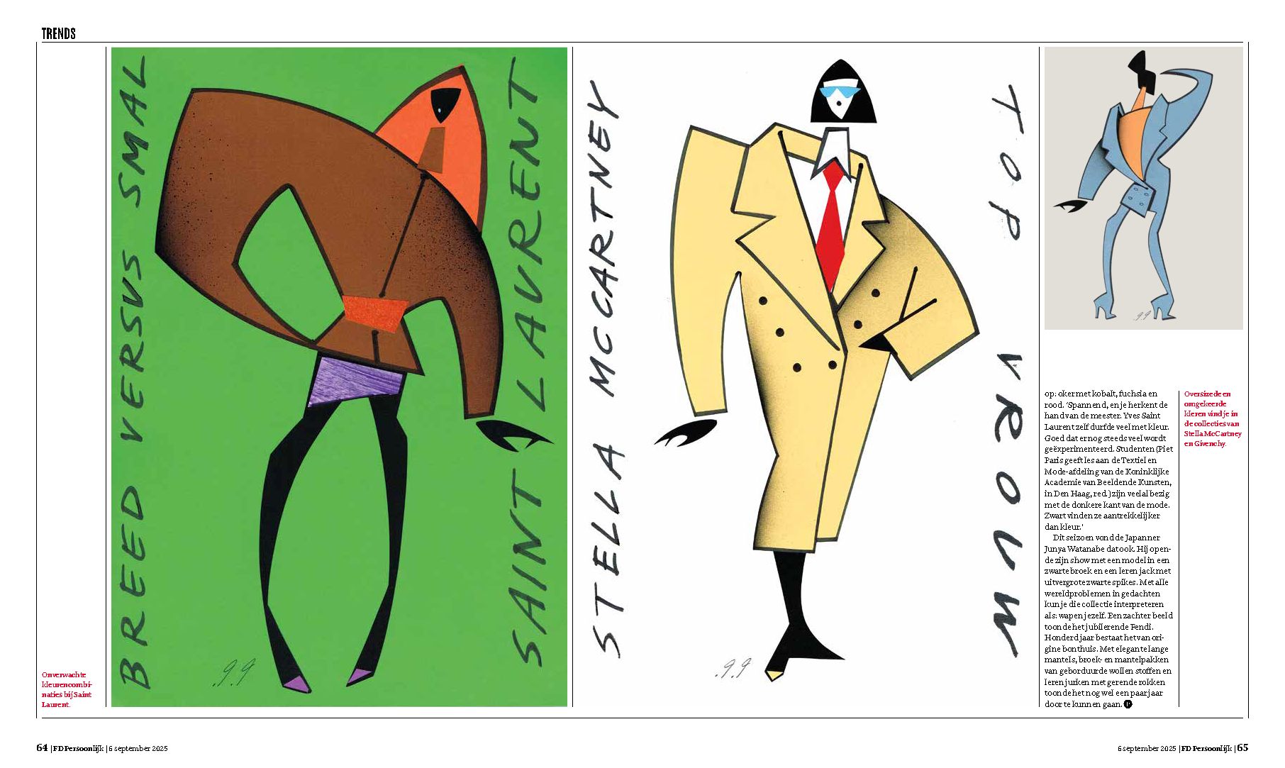 Fashion illustration of coat and suit designs, in green, yellow, and blue.