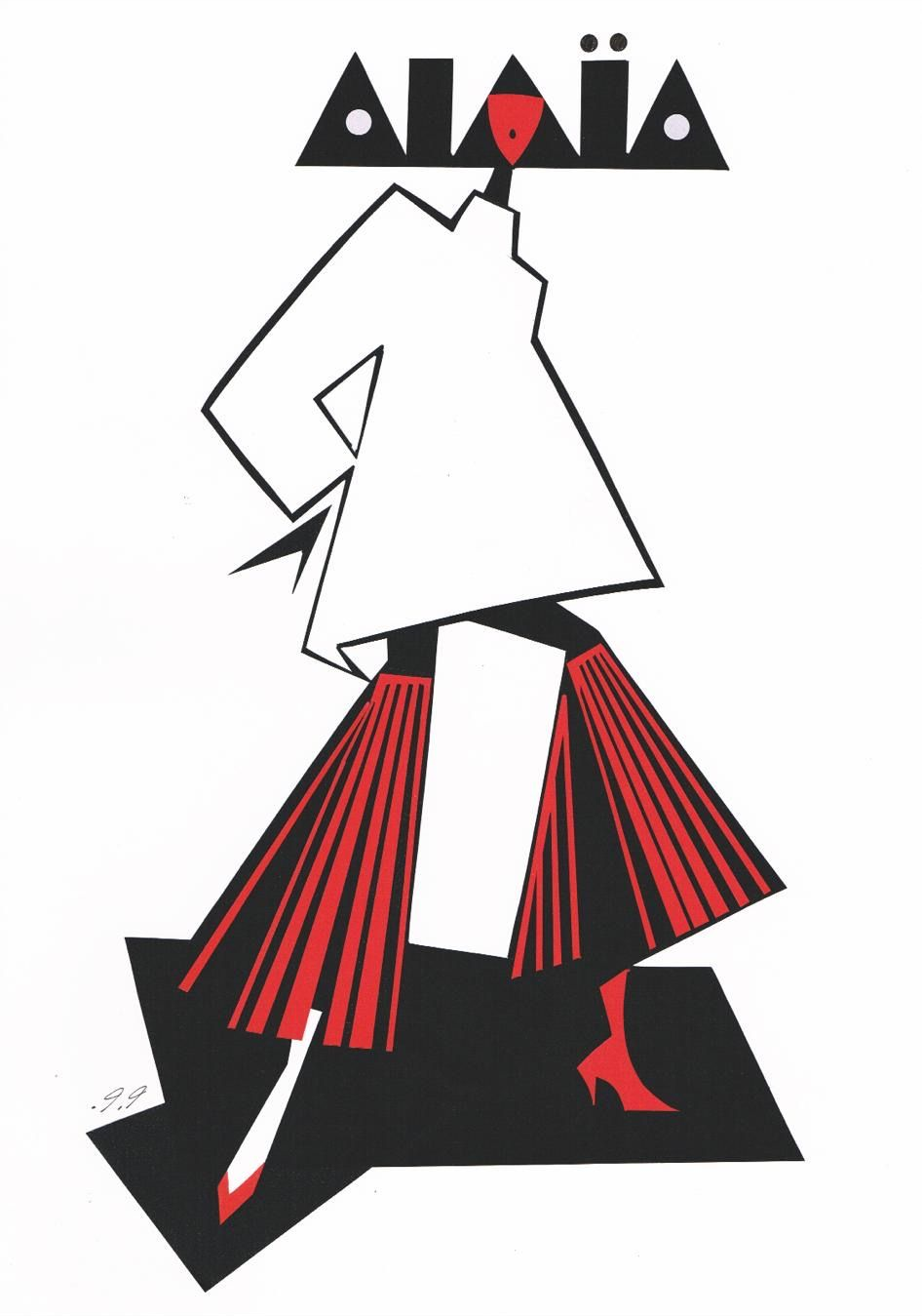 Stylized fashion illustration of a person wearing a white coat, red fringed pants, and red heels, with the Alaïa logo above.