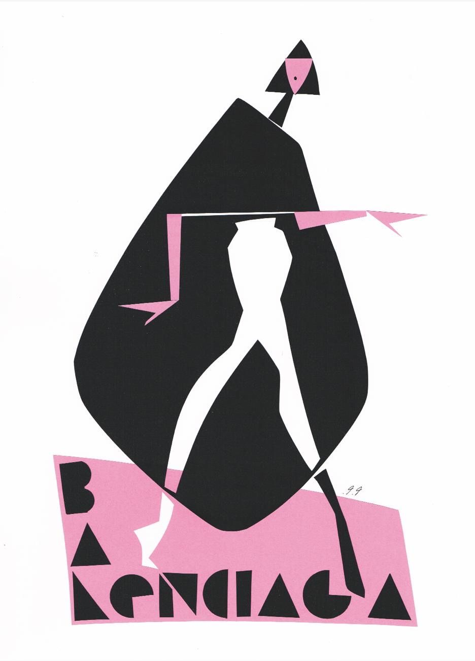 Balenciaga fashion illustration in black and pink, abstract figure, brand name below.