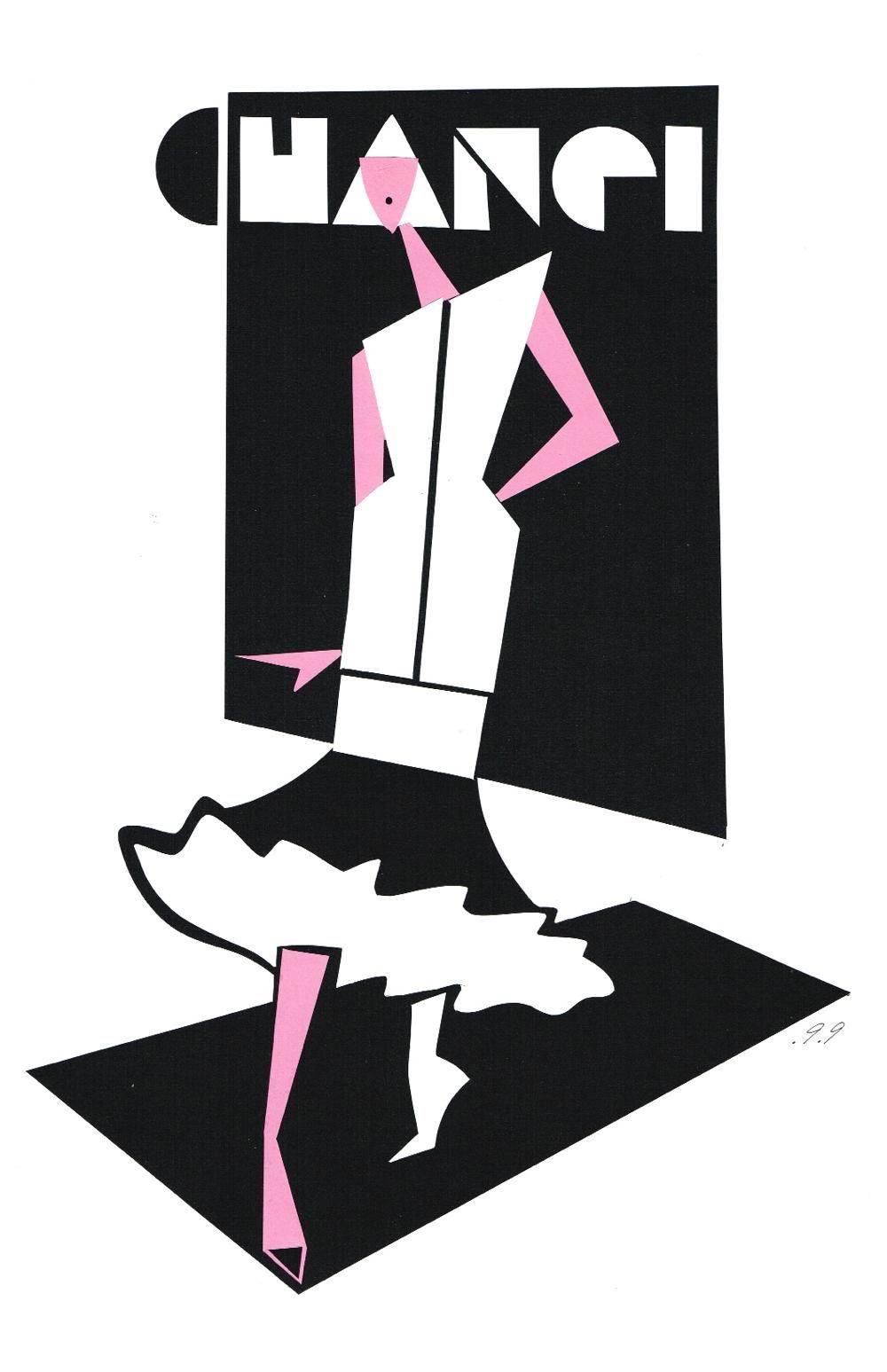 Stylized illustration of a figure in a black and white dress, pink accents. 