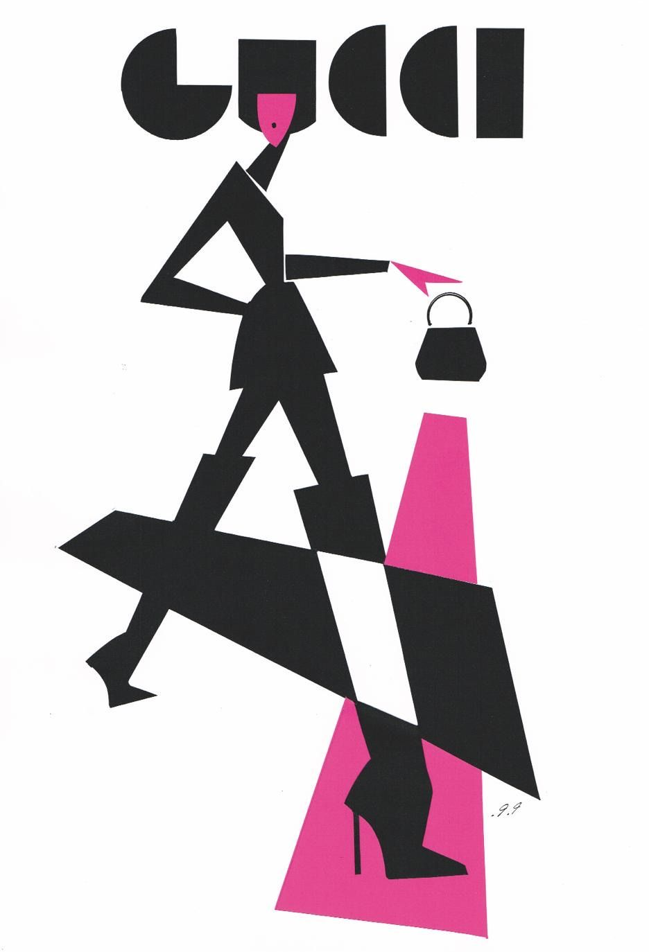 Fashion illustration of woman in black outfit holding a handbag, walking on a pink surface; 