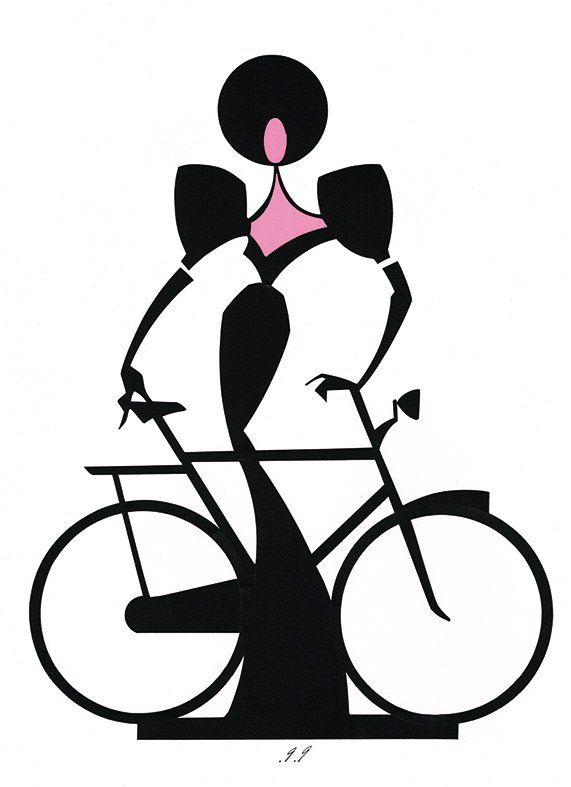 Woman in black dress riding a bicycle, pink accents.