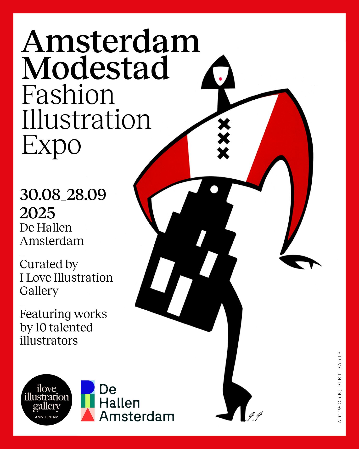 Poster for Amsterdam Modestad Fashion Illustration Expo. Features an abstract figure in red, black, and white.