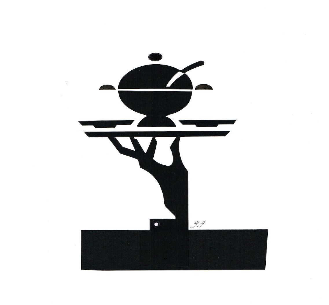 Silhouette of a hand holding a tray with a soup pot and ladle on top.