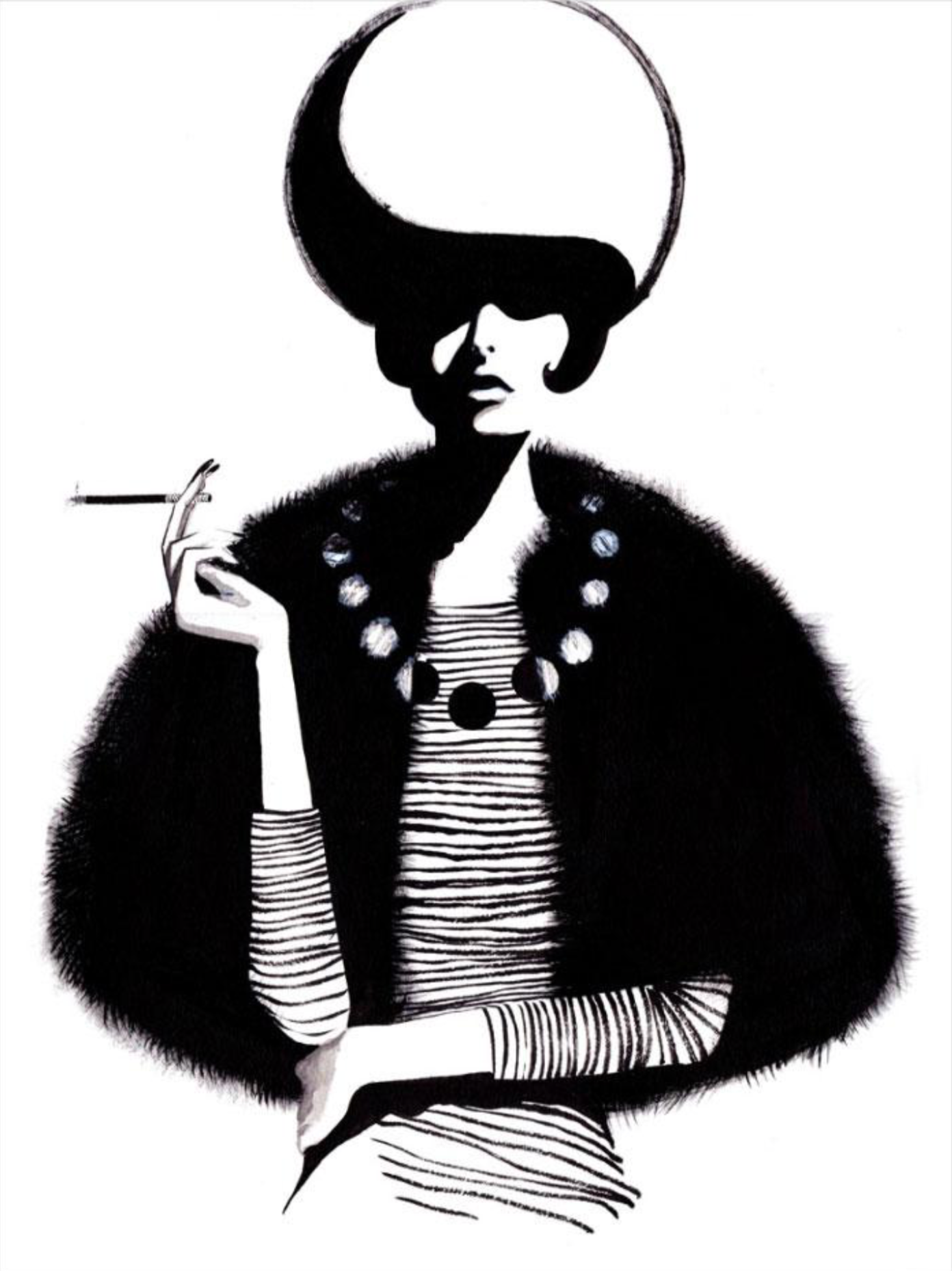 Woman in fur stole and hat, holding cigarette. Black and white illustration.